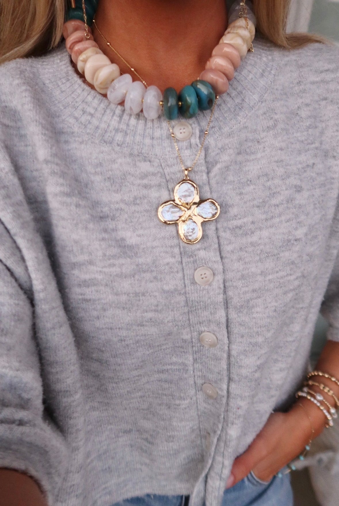 Baroque Pearl Clover Pendant Necklace - Gold Dipped