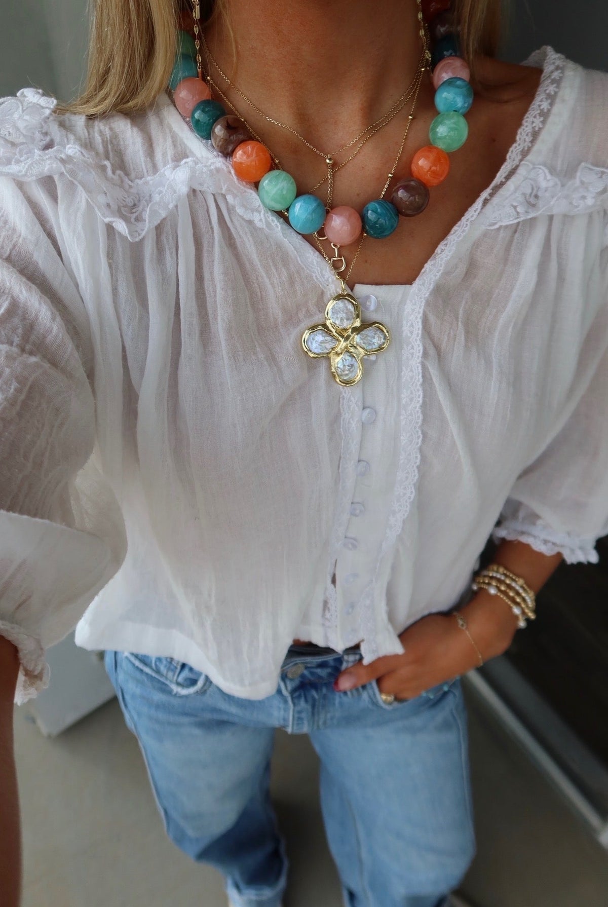 Baroque Pearl Clover Pendant Necklace - Gold Dipped