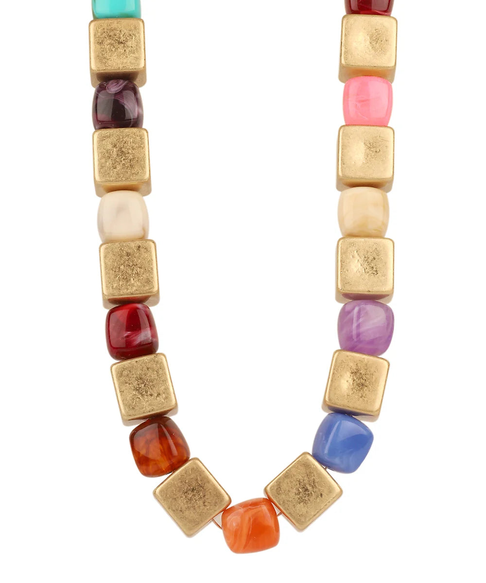 Cube and Acrylic Beaded Necklace - Multi Color