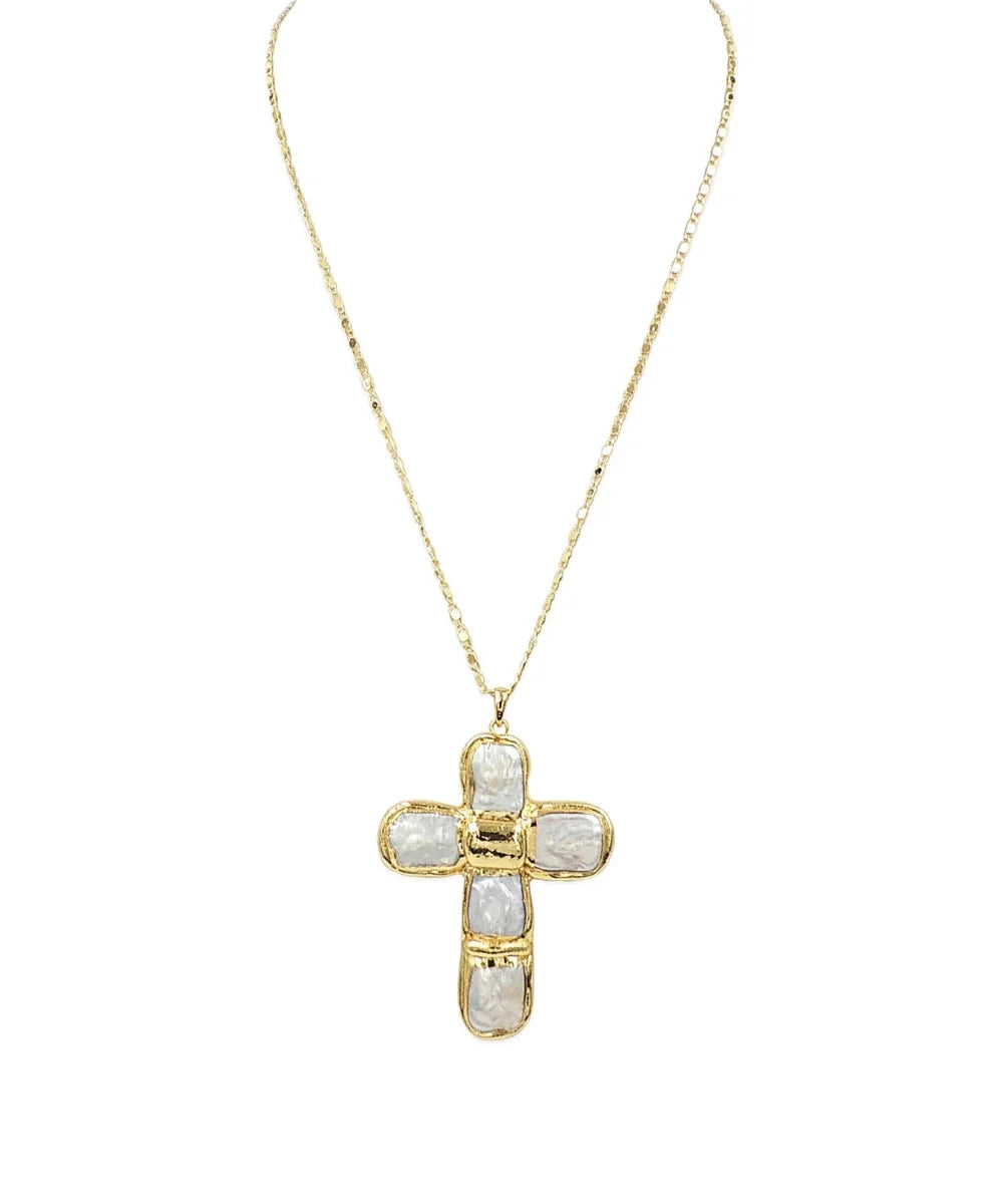 Baroque Pearl Cross Pendant (Square Pearls) - Gold Dipped