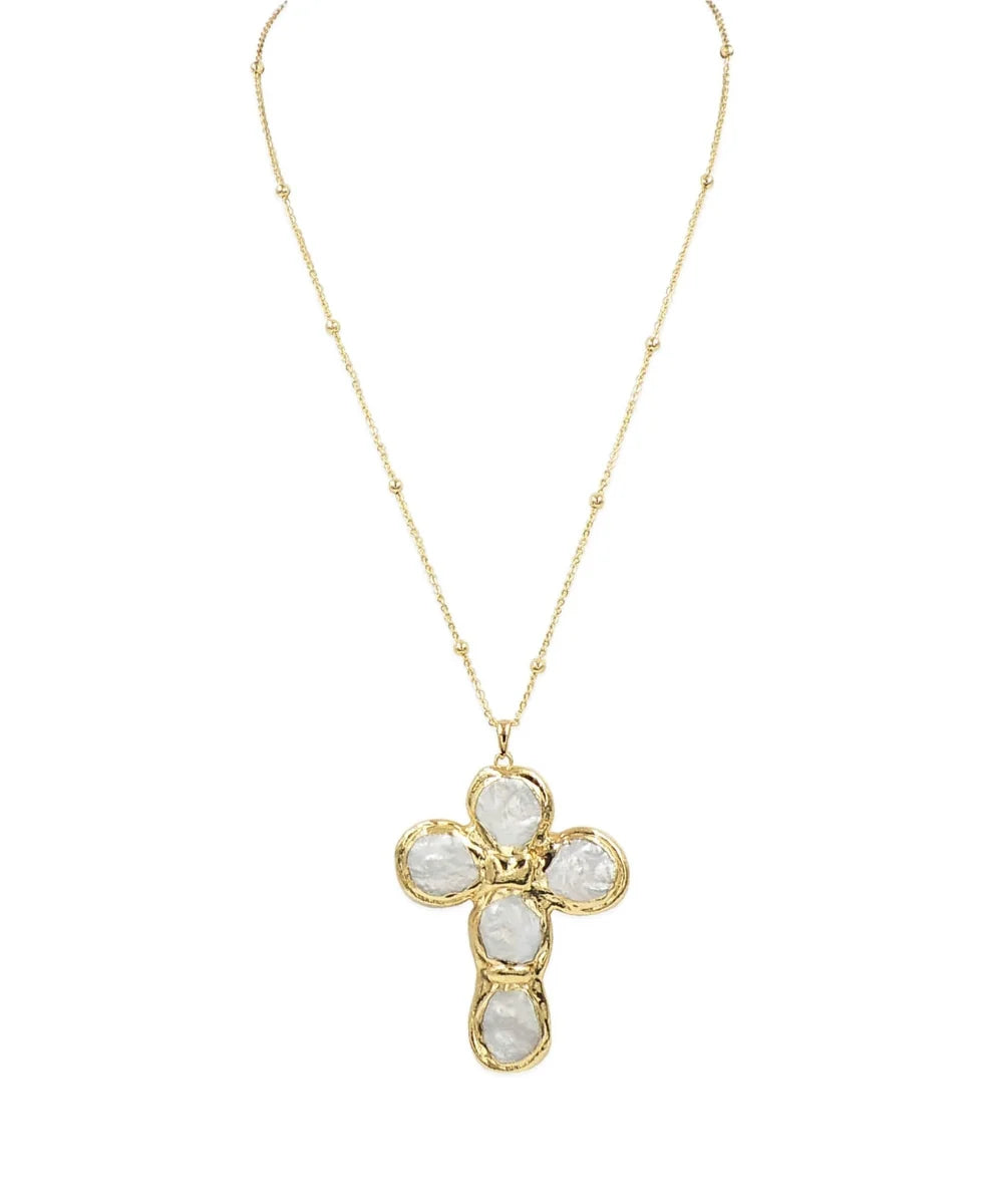 Baroque Pearl Cross Pendant (Round Pearls) - Gold Dipped