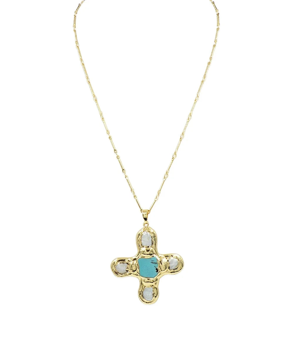 Baroque Pearl Cross Pendant Turquoise - Gold Dipped