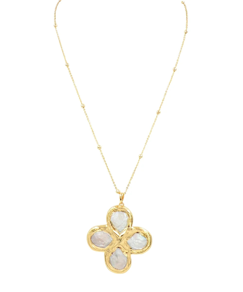 Baroque Pearl Clover Pendant Necklace - Gold Dipped