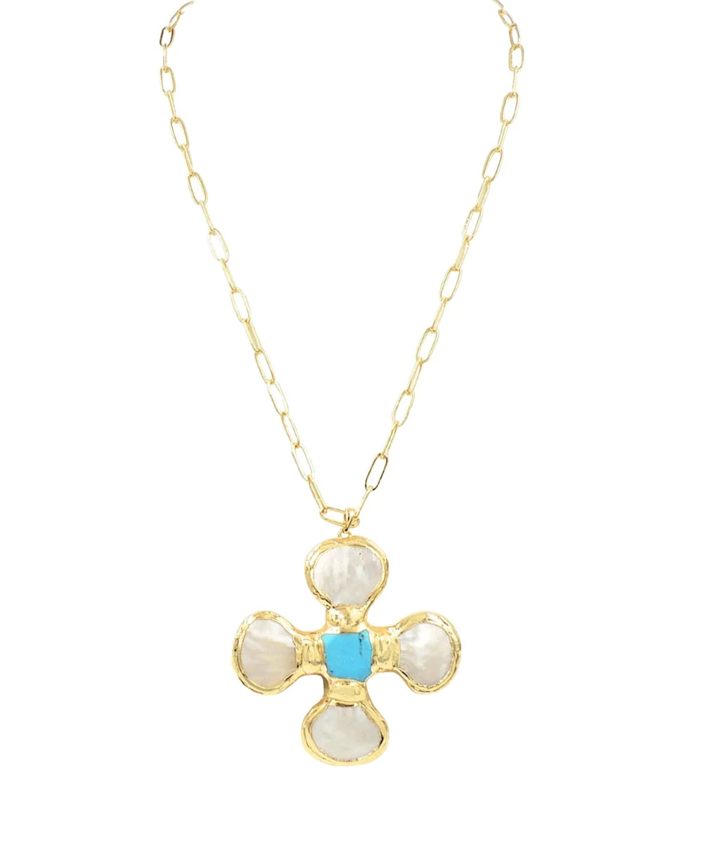 Baroque Pearl & Stone Pendant Necklace - Gold Dipped